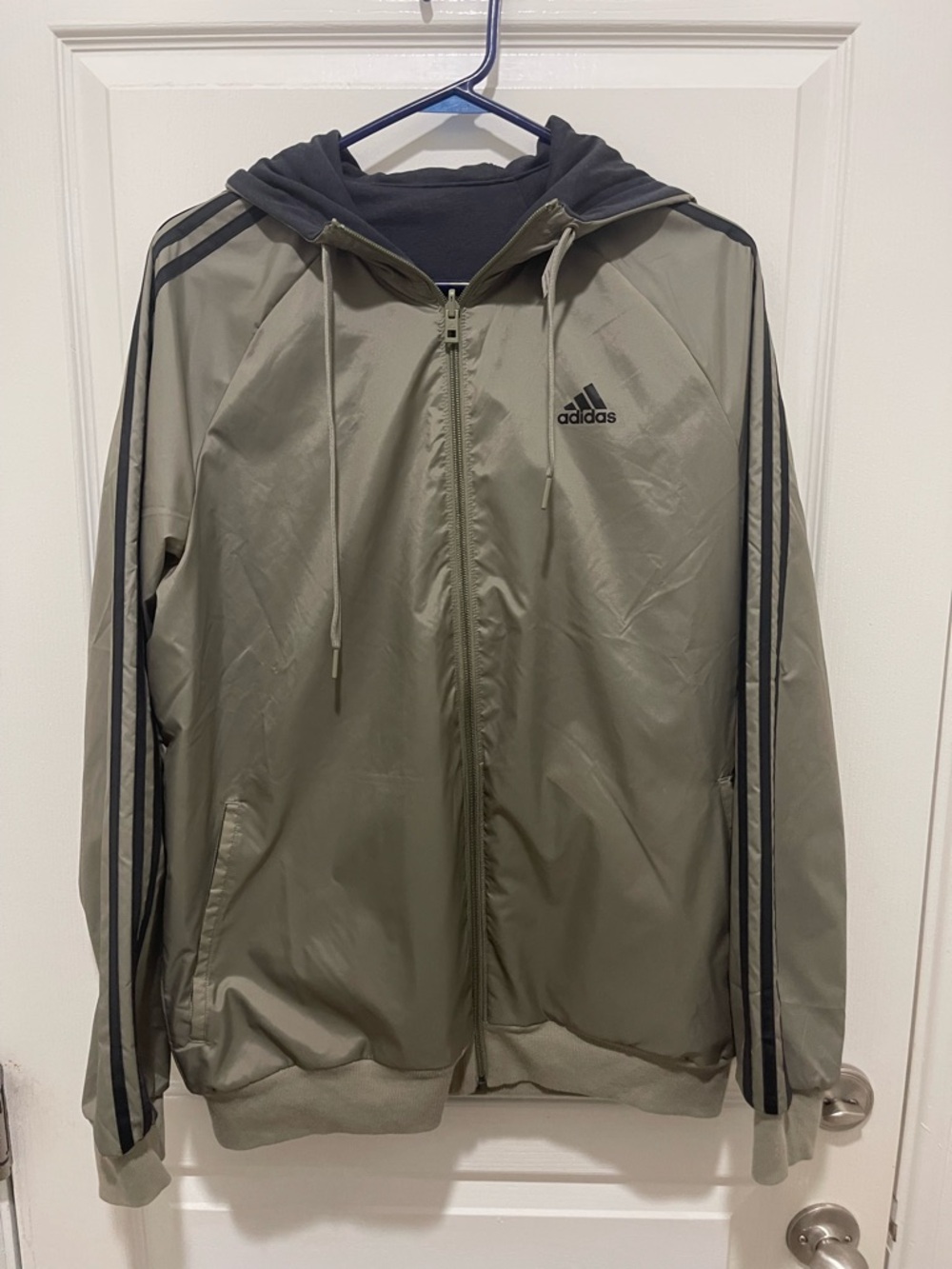 adidas Reversible Olive Green Hooded Windbreaker with Black Stripes